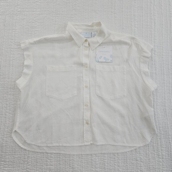 Cynthia Rowley 100% Linen Sleeveless Cropped Button Up Shirt Women's L NWT White - Picture 1 of 11